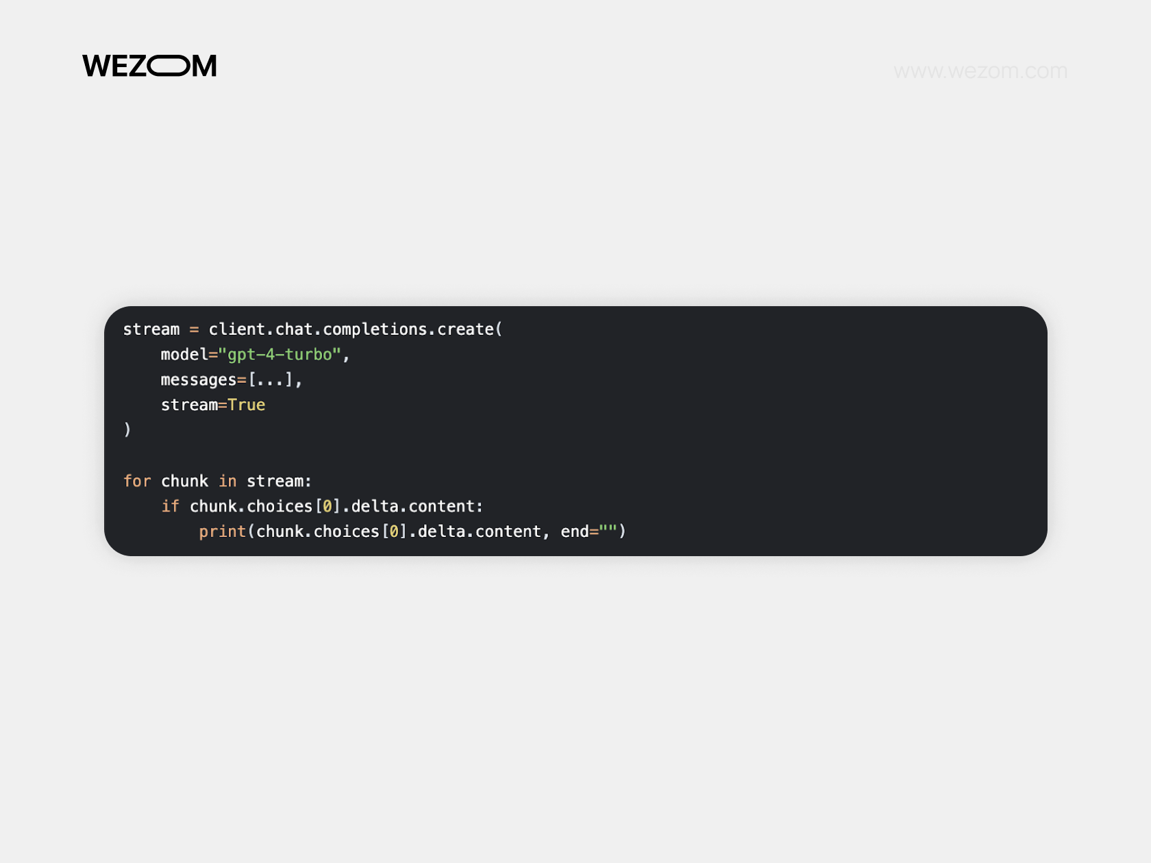 OpenAI streaming example using gpt-4-turbo to print token-by-token chatbot response in real-time